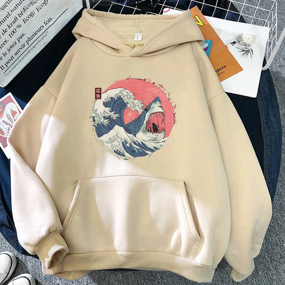 Hoodies Japanese Shark Ukiyo-E Mens Warm Hoodies Harajuku Brand Vintage Man Sweatshirt Loose Street Korean Pullover Punk Clothes