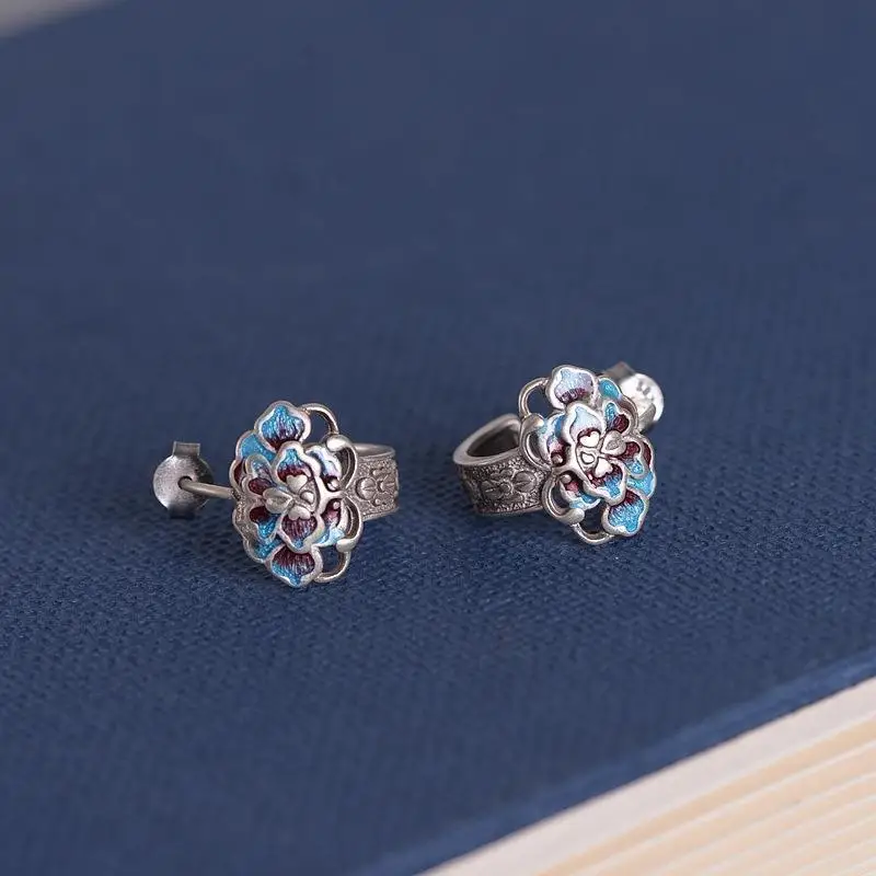 New Silver Enamel Blue Earrings Chinese style retro peony flower small group design elegant women's charm senior brand jewelry