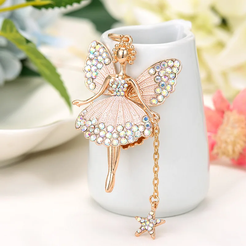 Fashion Little Angel Keychain Rhinestone Butterfly Fairy Keyring Trinket Women Bag Ornament Ballet Girl Car Pendant Jewelry