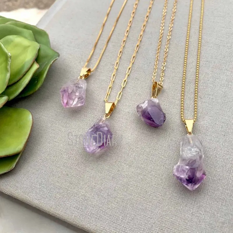 

NM36593 Raw Ombre Amethyst Nugget Pendant Purple Crystal Box Chain February Birthstone Necklace Gift For Her