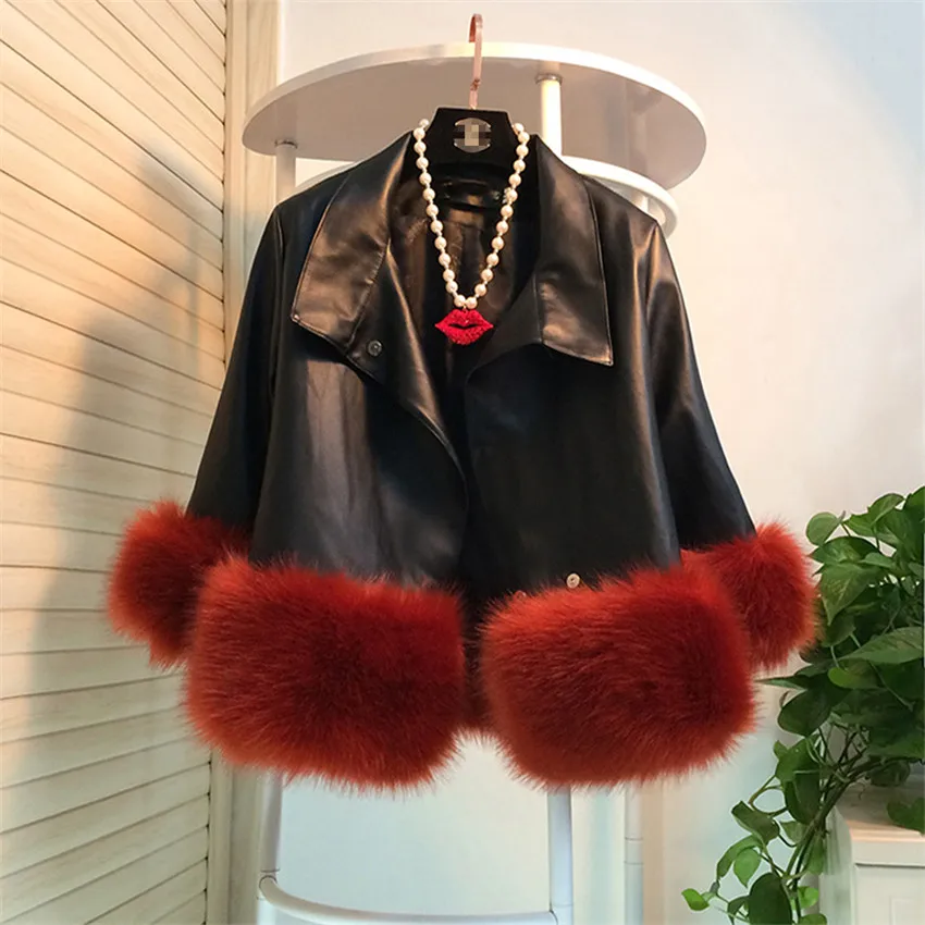 Fashion Winter Women PU Coat Slim Short Fox Leather Jacket With Fur Female Big Size Faux Soft Leather Cotton-padded Coats WZ1014