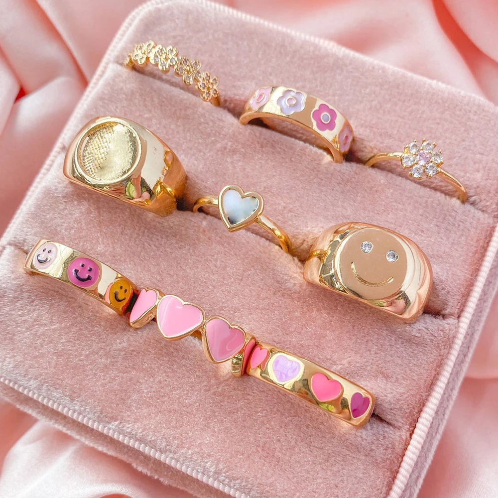 2024 Adorable Colorful Enamel Heart Smile Ring For Women Girl Party Wedding Stacking Gold Color Love Eternity Finger Band Rings