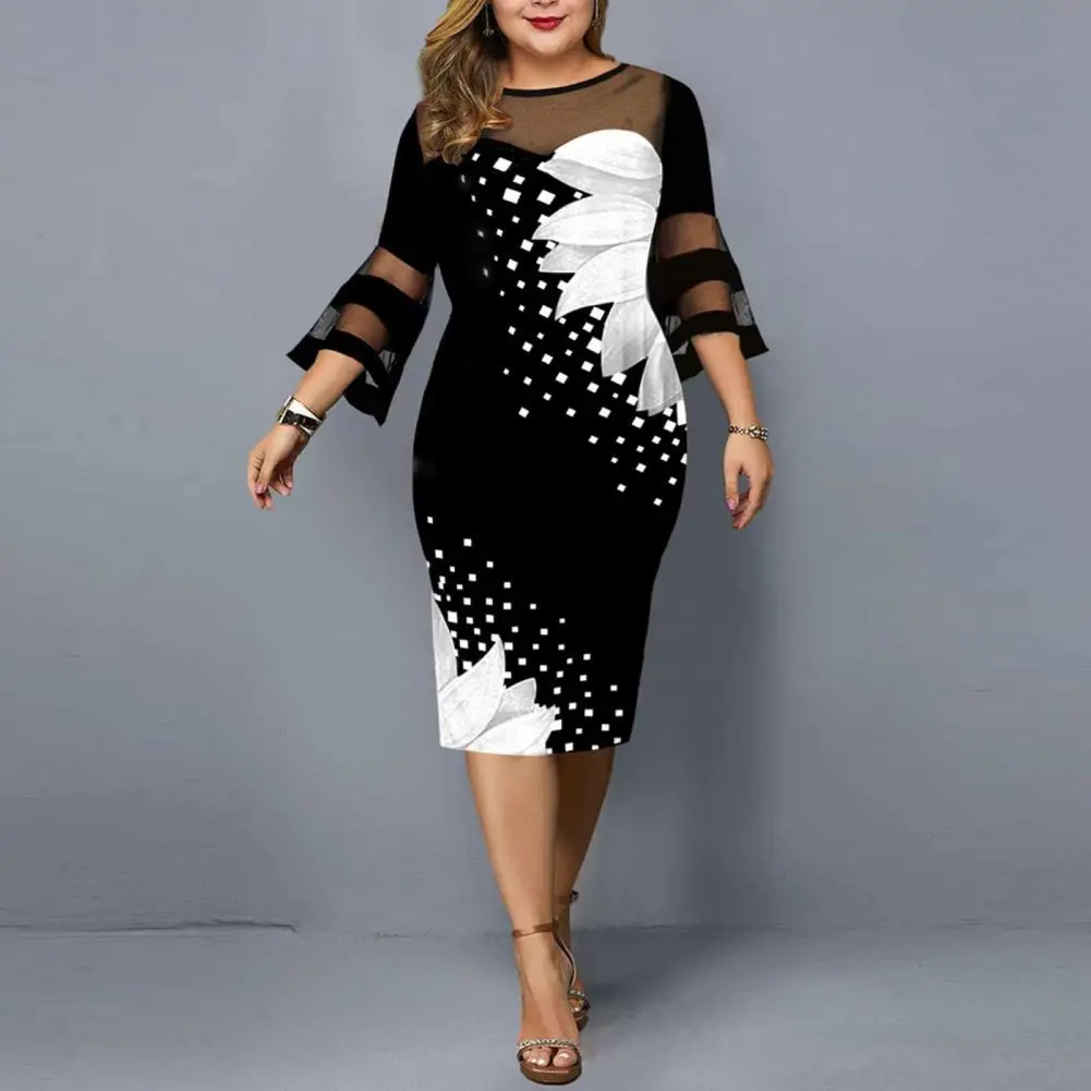 

Elegant Floral Printed Plus Size Dress for New Year 2022 Mesh Patchwork Midi Dresses Women Party Club Dress платье женское
