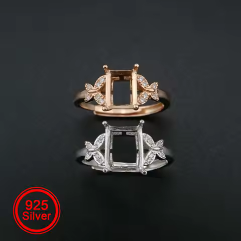 Rectange Prong Ring Settings Blank Adjustable Butterfly Pave CS Stone Solid 925 Sterling Silver DIY Bezel for Gemstone 1294194
