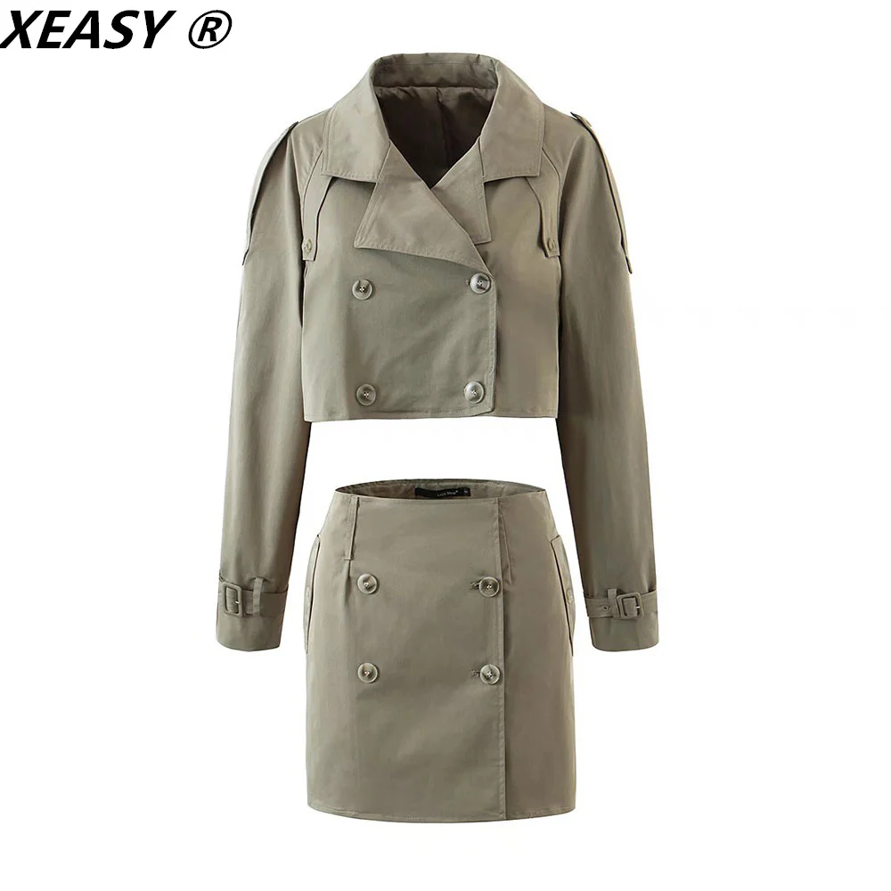 XEASY 2021 Women\'s Suits With Skirt Vintage Short Blazer Cropped Jacket High-Waisted Skirt Autumn Female Mini Suit 2 Piece Set