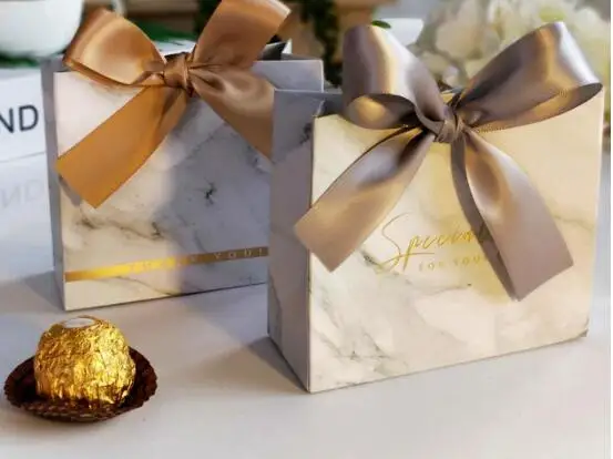 

400pcs marble bronzing paper gift boxes bridal shower wedding candy bags with ribbon