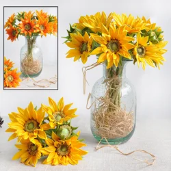 Artificial Silicone Sunflower Bouquet, Artificial Flower, Real Touch, Fake Plant, Wedding Decoration Flowers, Home Garen, 5Pcs