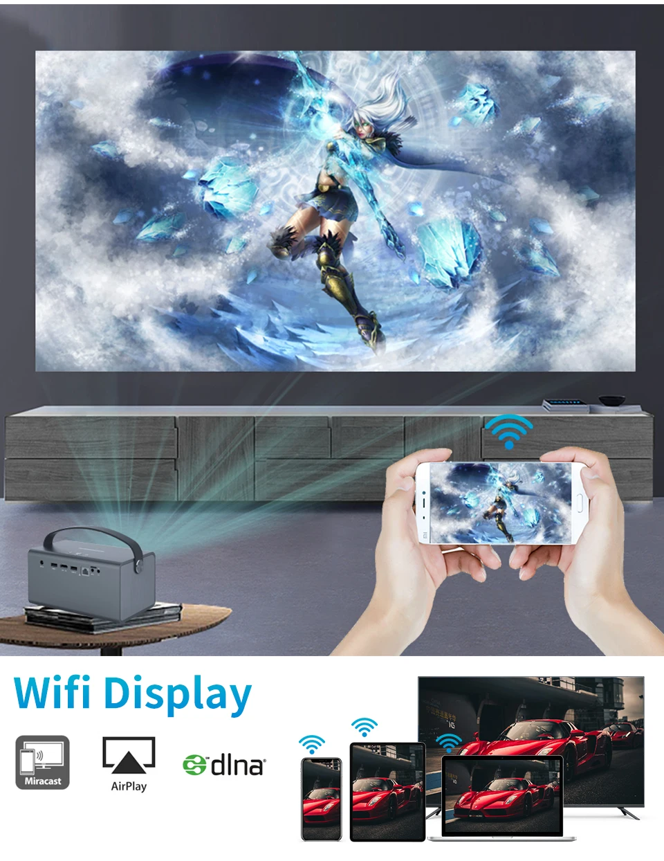 WZATCO T7 300-дюймовый DLP 3D-проектор Smart LED Proyector Bluetooth Портативный мини-Android 9.0 WIFI Beamer Встроенный аккумулятор 15600 мАч
