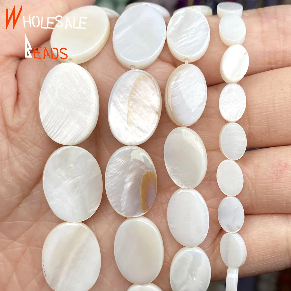 White Natural Mother of Pearl Shell Flat Oval Spacer Beads For Jewelry Making DIY Bracelet Necklace Handmade15''