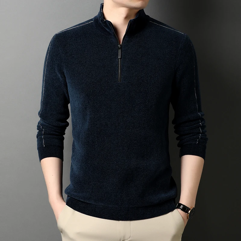 Male Zipper Slim Sweater Pure Color Slim Sweater Warm Man High Collar Fit Knitwear Sweater Zipper Pullovers Long Sleeved