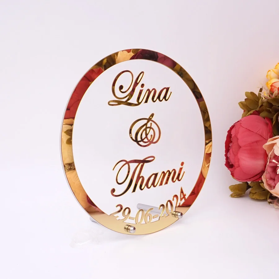 Custom Hochzeit Name und Datum Personalisierte Runde Spiegel Rahmen Acryl Shower Wort Zeichen Party Decor Mit Nagel Gast Geschenke