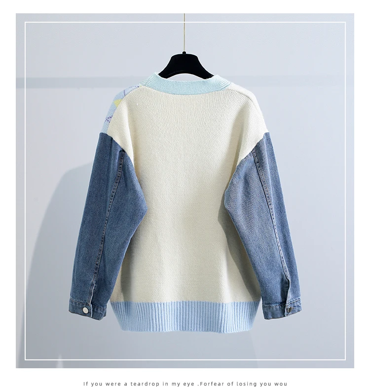 Vintage Knitted Cardigan Sweater Women Patchwork Knitted Denim Coat V Neck Long Sleeve Knitwear Casual Loose Outwear Female Tops