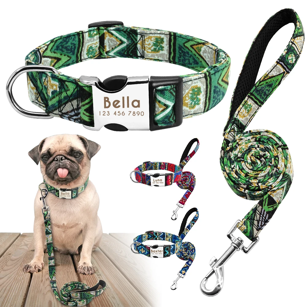 

Fashion Print Custom Pet Dog Collar Leash Set Personalized Dog Collars and Leash Engrave Name Lead for Small Medium Large Dogs