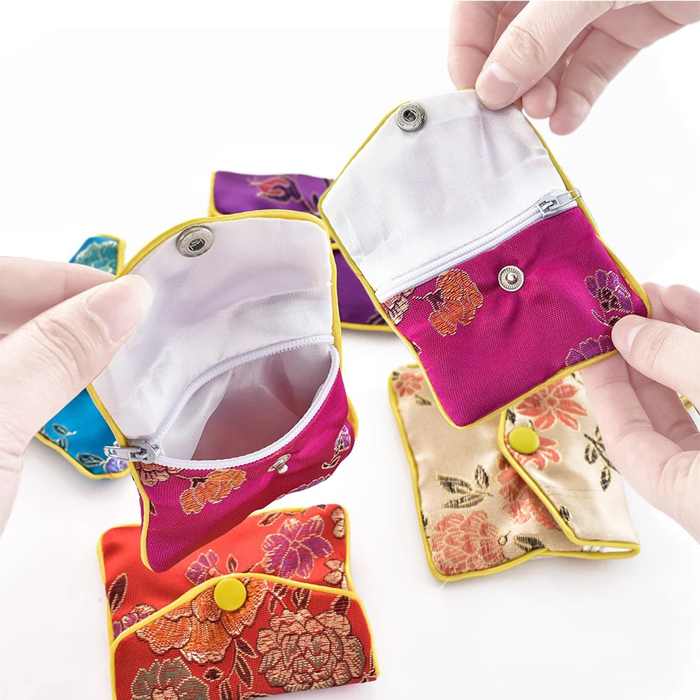 Hot Sale Chinese Brocade Handmade Silk Embroidery Padded Zipper Small Jewelry Gift Storage Pouch Bag Snap Case Satin Coin Purse