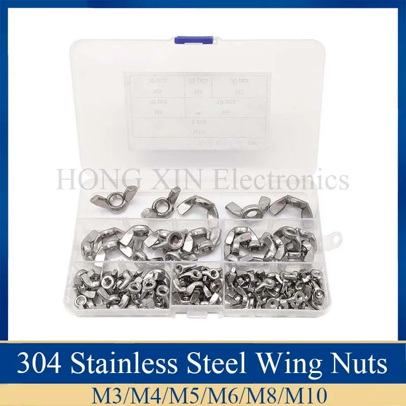 100pcs/Set Wing Nuts Butterfly Nut M3/M4/M5/M6/M8/M10 304 Stainless Steel Fastener Tool