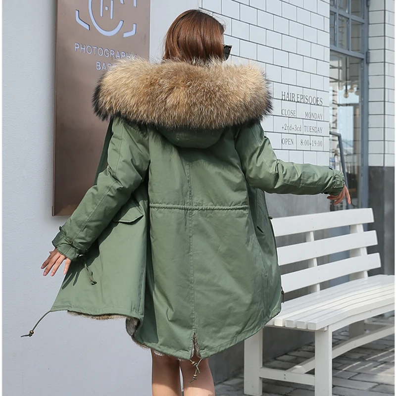 New winter coat jacket oversized raccoon fur collar pie overcoming hooded fur snow winter coat in long real rabbit fur liner