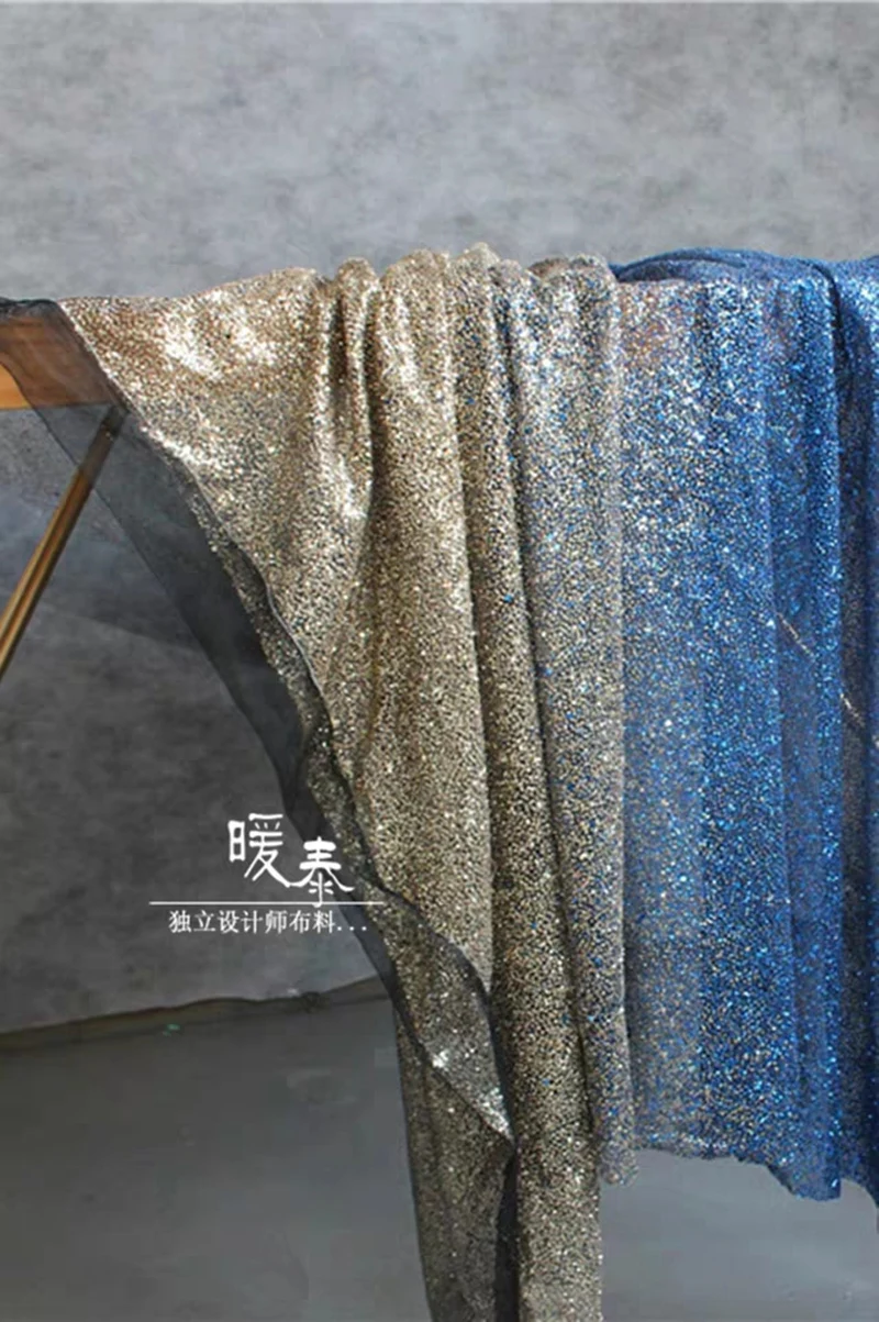 Glitter Bronzing Tulle Fabric Sparkle Sequins Blue Gradient Gold Silver DIY Decor Stage Dress Skirts Clothes Designer Fabric