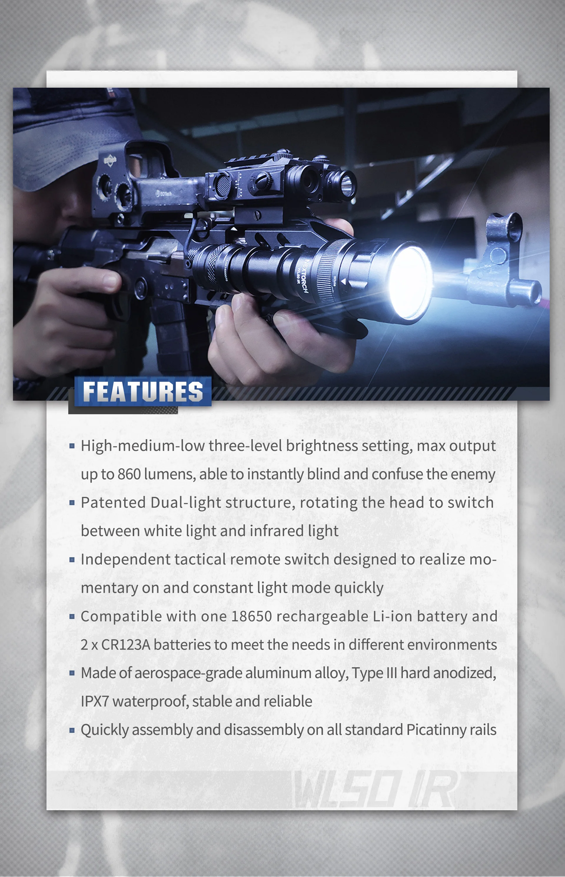 NEXTORCH 860 lumen bianco e 400 mW IR lightsunival-torcia tattica a doppia luce montata su guida per Low-Light WL50 IR
