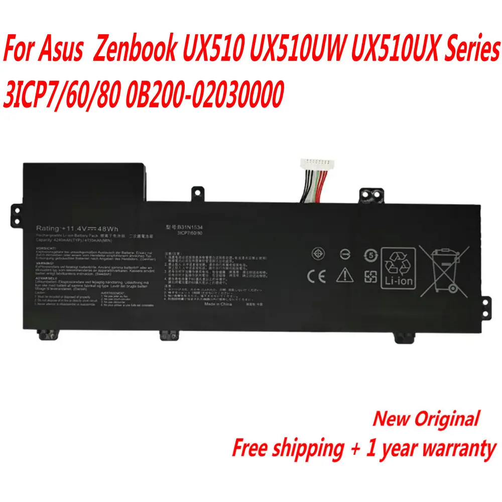 

NEW B31N1534 Laptop Battery For Asus Zenbook UX510 UX510UW UX510UX Series 3ICP7/60/80 0B200-02030000 11.4V 48WH