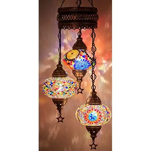 LaModaHome English Moroccan Mosaic Hardwired OR Swag Plug in Chandelier Light Ceiling Hanging Lamp Pendant Fixture (3X6.5 