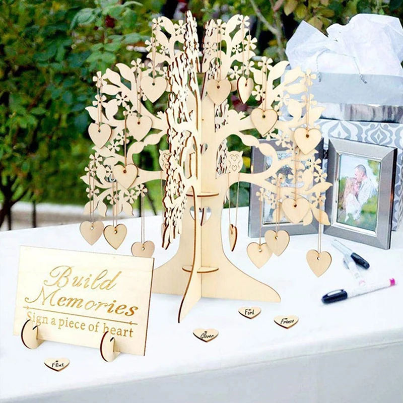 Wedding Party signing card signature wishing tree Guest Book Tree Wooden love Hearts Pendant Drop Ornaments Party Decoration