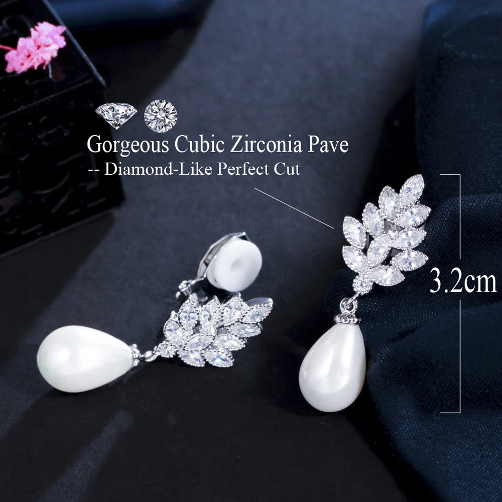 ThreeGraces Non Pierced Ear Gorgeous Marquise Cut CZ Crystal Drop Pearl Clip On Earrings Women Chic Wedding Party Jewelry EJ0029