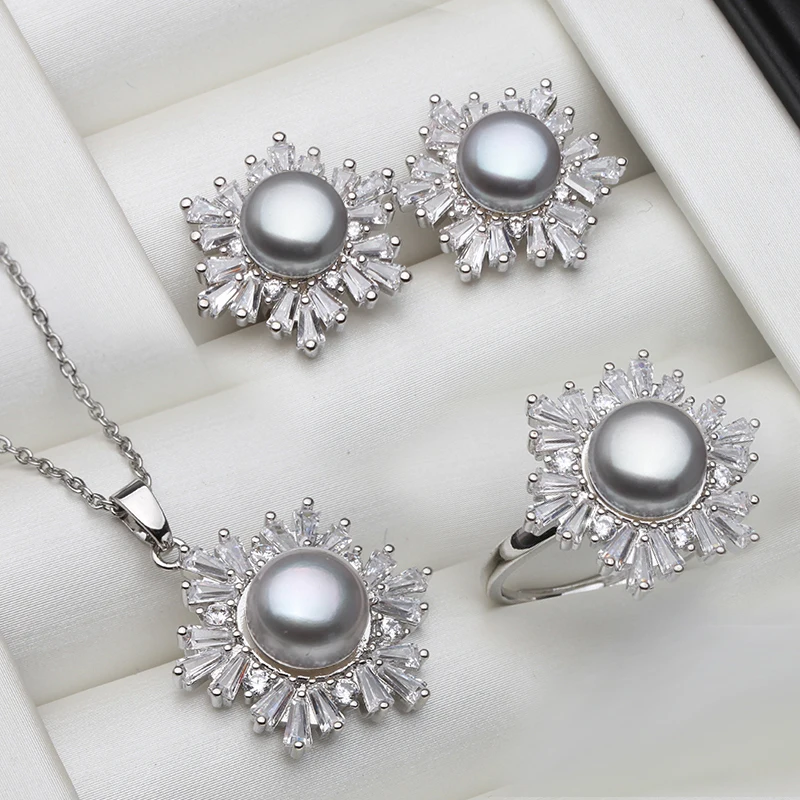 Echt Weiß Schwarz Süßwasser Natürliche Perle Set Frauen, Hochzeit 925 Sterling Silber Halskette Ohrring Sets Schmuck Jahrestag Geschenk – Detail 4