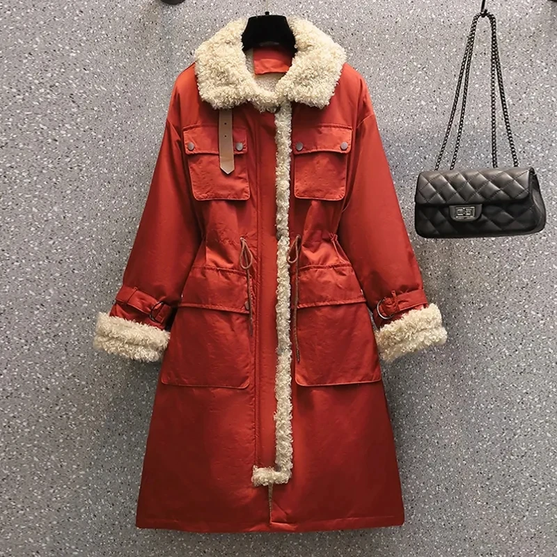 Women clothing 2022 winter new style plus velvet padded parker padded mid-length coat lambswool plush coat women A762