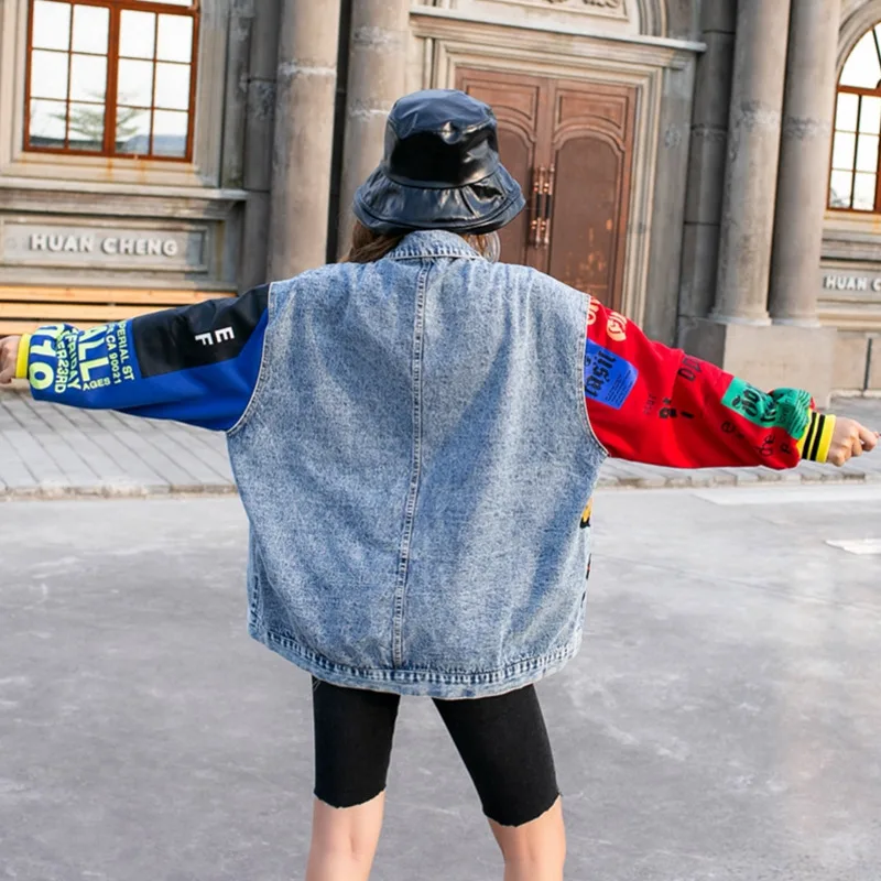 Jeans Jacket Outerwear Autumn Fashion Cartoon Sequin Print Long Sleeve Jackets Coat Loose Streetwear Female Denim Jacket Women