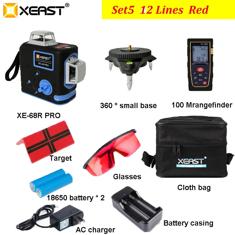 XEAST XE-68R Pro Laser Level 12 Lines 3D Self-Leveling 360 Horizontal And Vertical Cross Super Powerful RED Laser Beam Line