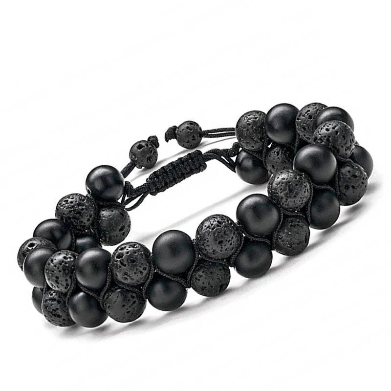 Mens Beads Bracelet 8mm Lava Rock Stone Bracelet Essential Oil Bracelets Adjustable Natural Stone Braided Rope Jewelry