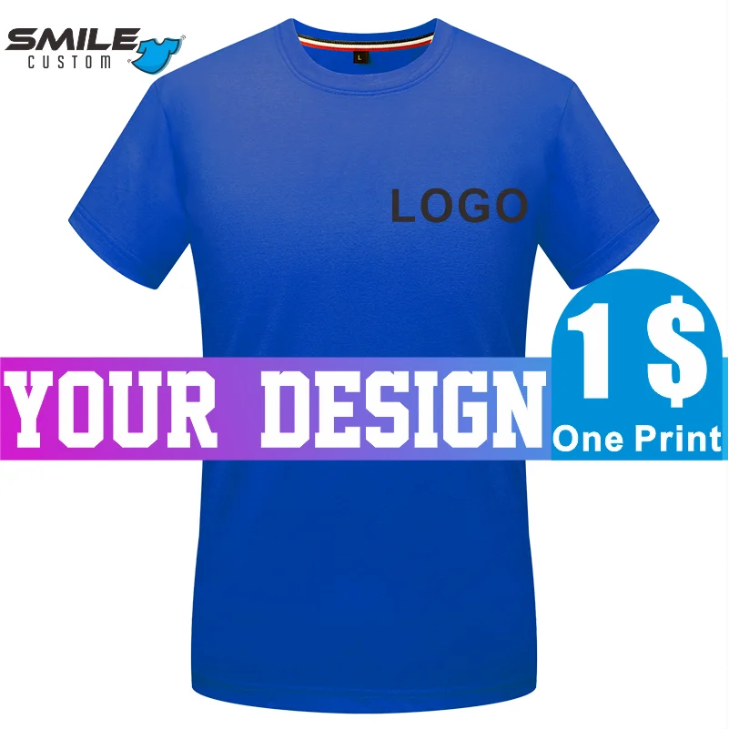 SMILE Summer Comfortable Cotton T-shirt Customize Logo Team Casual Round Neck Short Sleeve Tees Printed Personalize Pattern Text