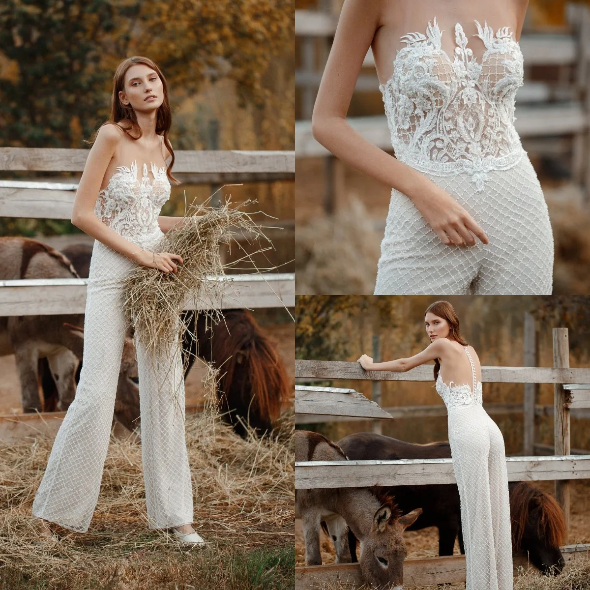 Sexy Illusion Neck Jumpsuits Wedding Dresses Sleeveless A Line Lace Appliqued Beaded Boho Beach Bohemian Bridal Gowns