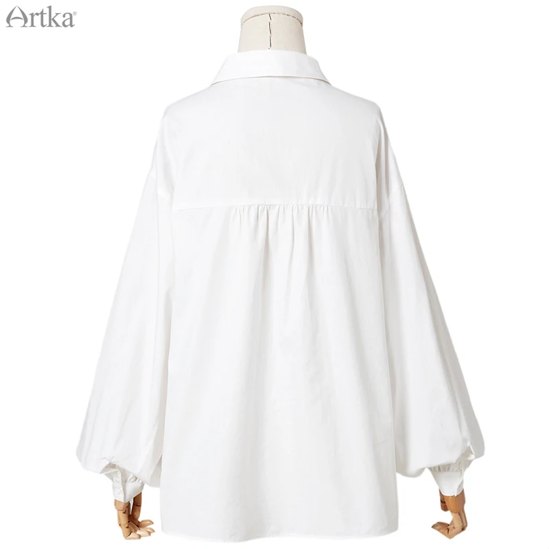 ARTKA 2020 Spring New Women Blouses 100% Cotton Solid White Casual Turn-down Collar Shirt Lantern Sleeve Shirts Women SA10095Q