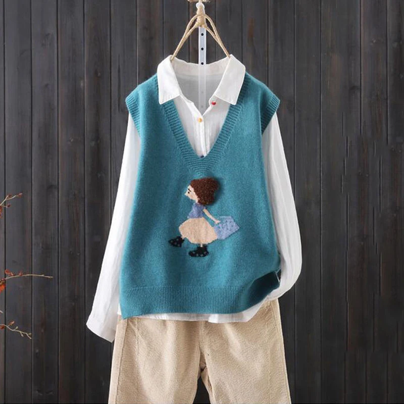 

Loose V-neck Knitted Sweater Vest Female Cartoon Embroidery Pattern Sleeveless Simple Commuter Fashion Sweater Vest Women Spring