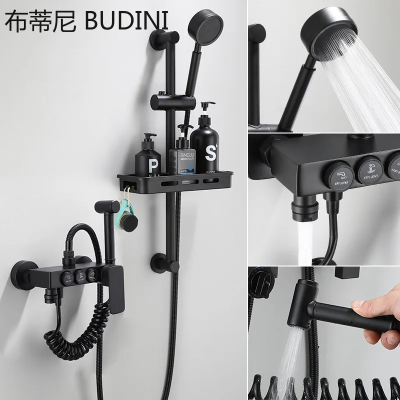 Black Thermostatic Shower Faucet Set Rain Shower Faucet Bathroom Faucet Bathtub Shower Mixer Tap With Shelf Spout Faucet Tapt