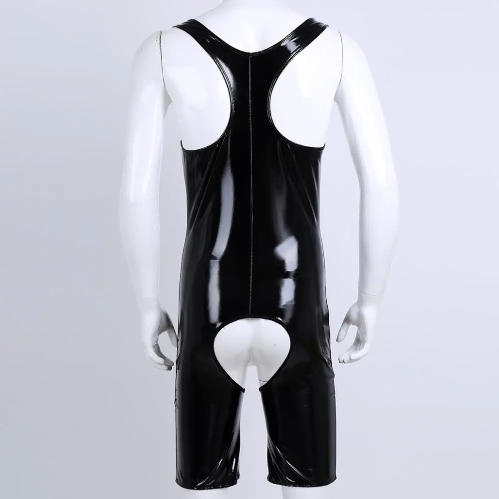 Mens Sissy Latex Open Crotch Catsuit Wetlook PVC Leather One-Piece Teddy Lingerie Erotic Zipper Crotchless Leotard Gay Clubwear