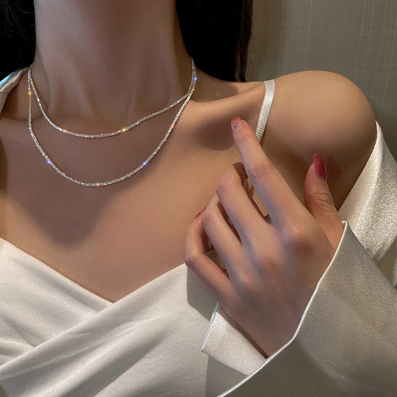 Authentic Italian S925 Sterling Silver Necklace Sparkling Clavicle Chain Sweater Chain High Jewelry For Woman Charm Jewelry Gift