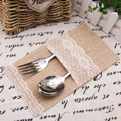 Jute Hessian Tableware Pouch Pocket Lace Cutlery Knife Fork Holder Rustic for Wedding Decoration Valentines Day Home Decor