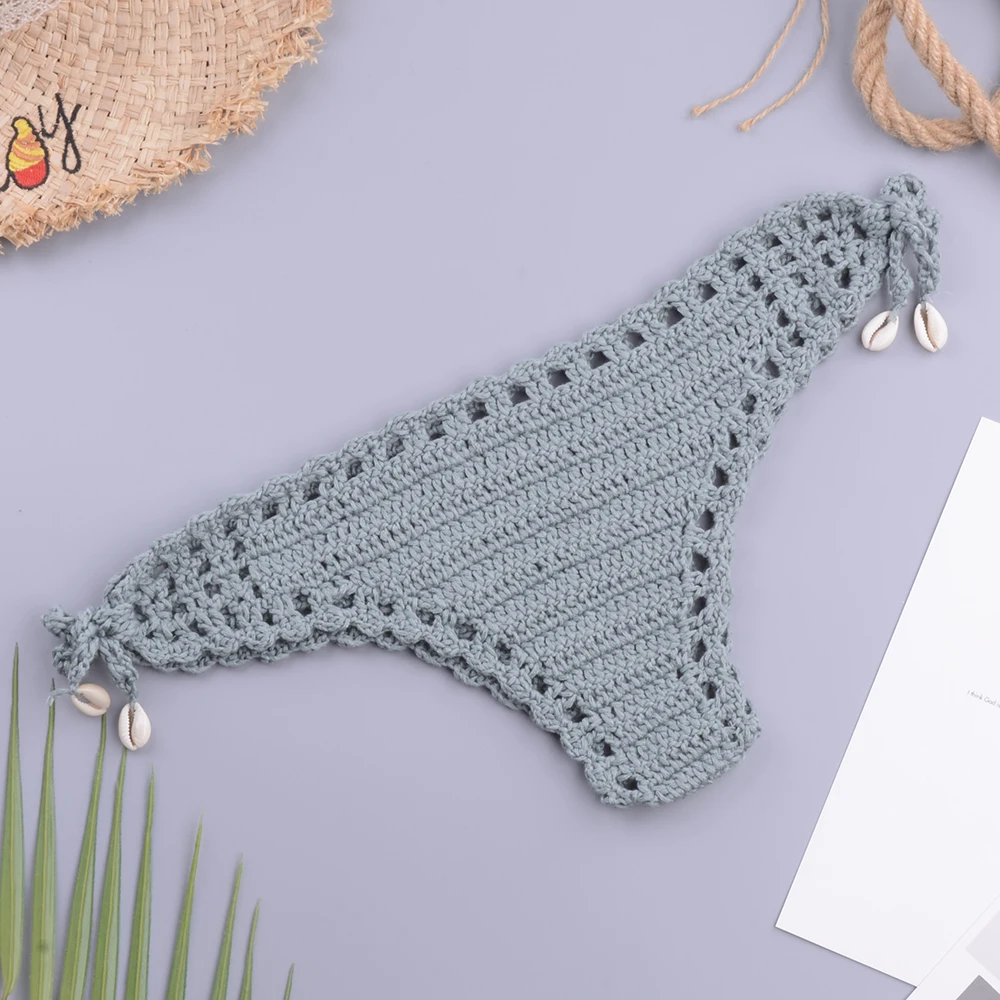 Women Sport Sexy Bikini Thong Summer Handmade Crochet Swimwear Bikini Bottom Hollow-Out Low Waist Bathing Suit