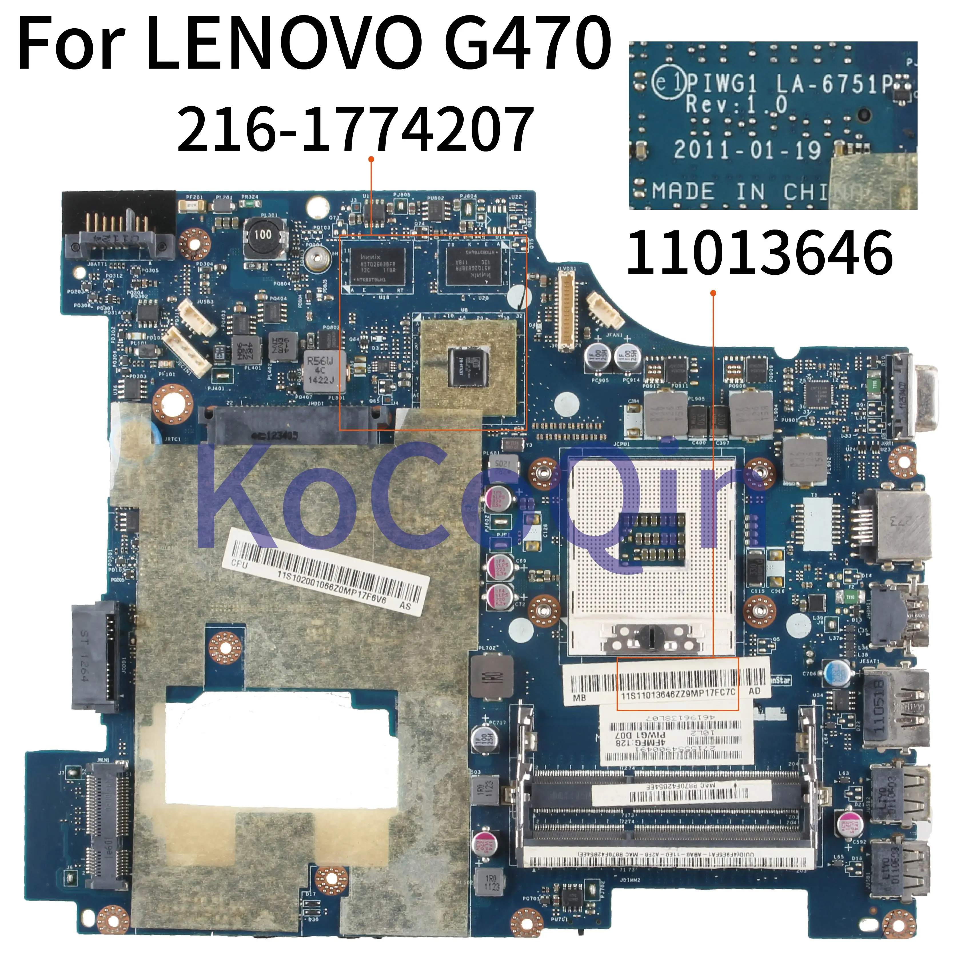 

KoCoQin Laptop motherboard For LENOVO G470 14' Inch HD6370M Mainboard 11013646 PIWG1 LA-6751P HM65 216-1774207