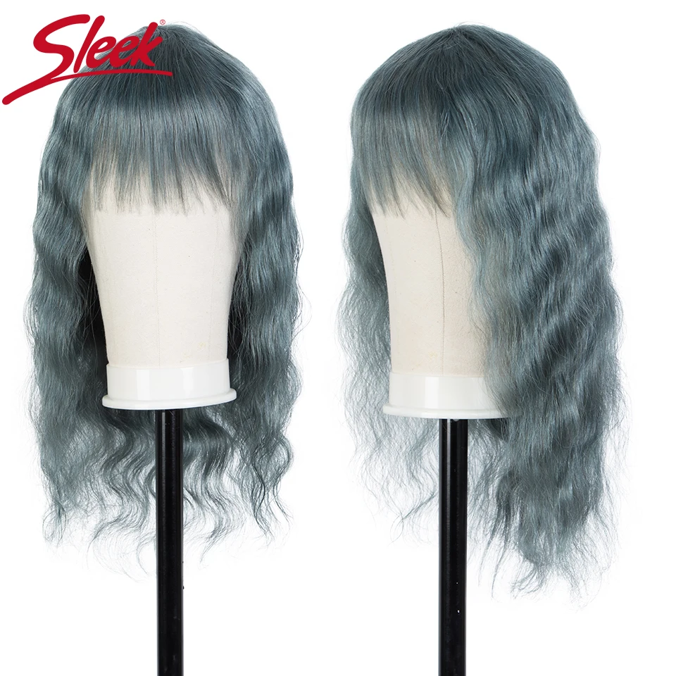 Sleek peruca de cabelo humano, perucas loiro para mulheres de cabelo humano ondulado com franja azul, peruca de cabelo remy brasileiro, peruca curta de corte pixie