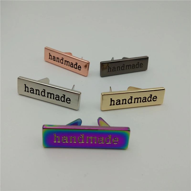 (20pcs/lot) 5 colors 35*10mm Handmade script metal bag label,handcraft handmade letters metal label decorative for purse