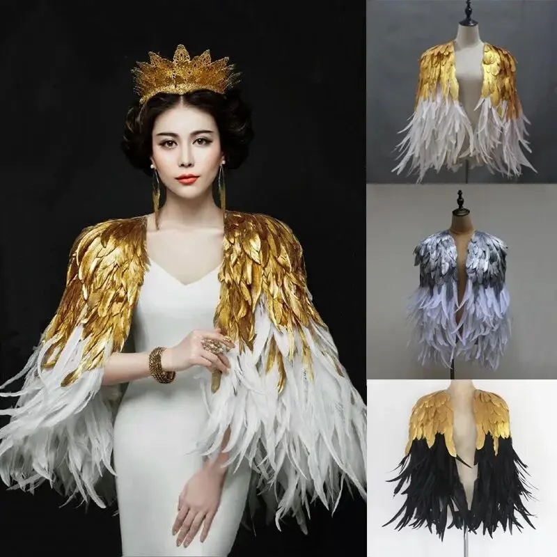 

Burning Man Female Feather Performance Costume Golden Feather Shawl WIngs Dress Silver Cloak Wedding Bride Photography Prop
