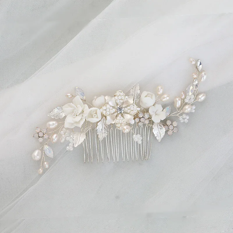 

Floralbride Handmade Freshwater Pearls Ceram Flower Bridal Hair Comb Wedding Headdress Hair Accessory Bridesmaids Women Jewelry