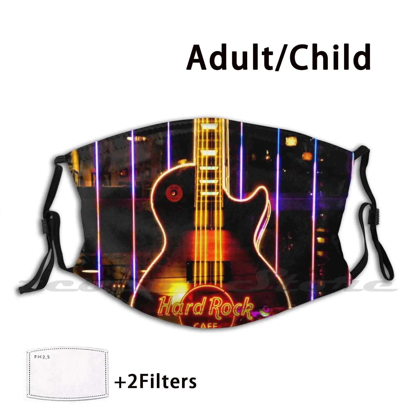 Máscara de tela lavable para adultos y niños, máscara de neón para guitarra de Las Vegas, Estados Unidos, Diy, filtro Pm2.5, Hard Cafe, guitarra de Las Vegas