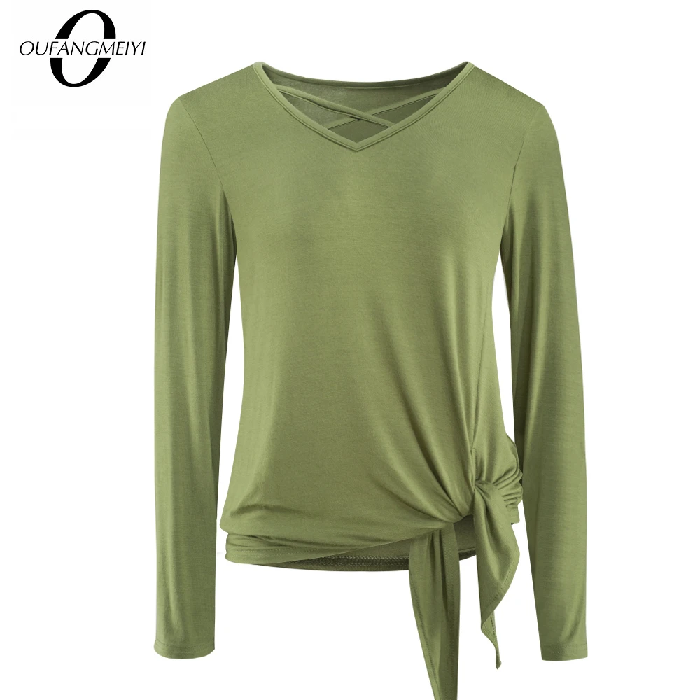 Autumn Women Classy Solid Color with Knot T-shirts Casual Loose Pullover Tee Tops 1ET057