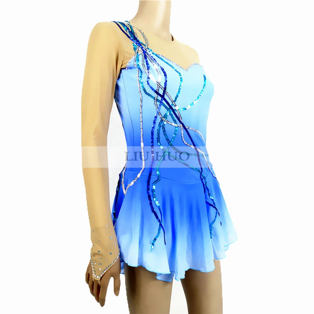 LIUHUO Women Girl Adult Performance Ballet Gymnastics Competition Leotard Ice Figure Skating Dress Dance Blue Gradient Roller