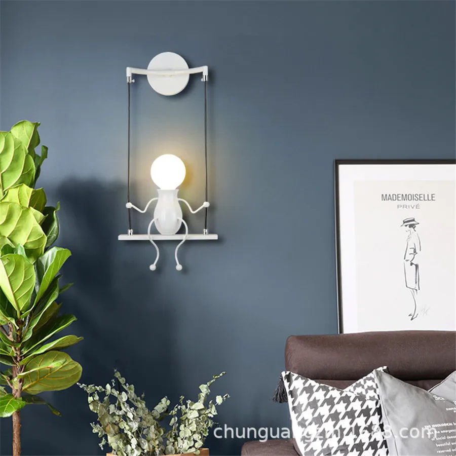 E27 Creative Little Man Swing LED Wall Lamp Cartoon Robot LED Wall Light For Children\'s Room Bedroom Bedside Aisle Sconces Decor