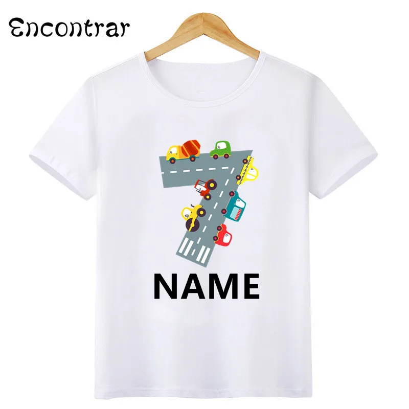 Different Car Print Birthday Boys T shirt 1 2 3 4 5 6 7 8 9 10 Years Customize Name Kids T-shirts Party Baby Girls Tops,HKP2498